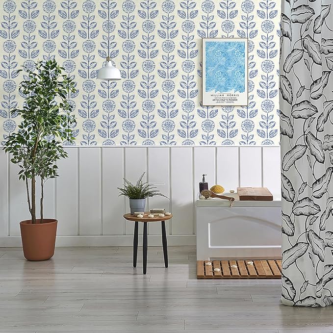 Wudnaye Blue Floral Peel and Stick Wallpaper for Bathroom 17.7in×196.8in | Blue Floral Contact Paper Peel and Stick Vintage Self Adhesive Wallpaper Removable Waterproof Wall Paper for Kitchen Cabinets - Image 6