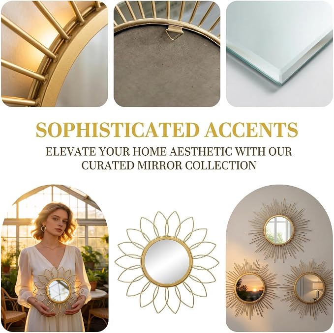 Boho Sunburst Wall Mirror Set of 3, 12 Inch Round Antique & Modern Metal Wall Art, Hanging Over The Door Mirrors for Wall Decor in Living Room, Bedroom, Bathroom, Entryway（Gold） - Image 4
