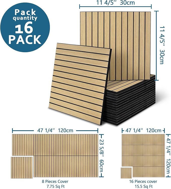 16-Pack Peel and Stick Acoustic Wall Panels, 11.8" x 11.8" PET Soundproof & Noise Cancelling Acoustic Felt, Self-Adhesive 3D Sound Absorbing Slat Wall Paneling for Interior Wall Decor, Natural Oak - Image 2
