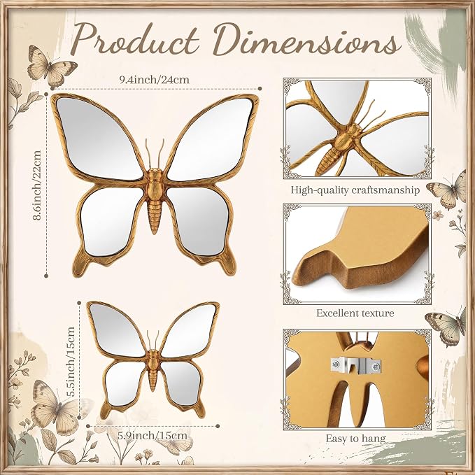 Fumete 2 Pcs Butterfly Mirror Wall Decor Vintage Gold Resin Insect Art Decorative Wall Mirror Retro Hanging Bug Animal Glass Mirrors Garden Nature Gift for Summer Wedding Home Accent Housewarming - Image 2