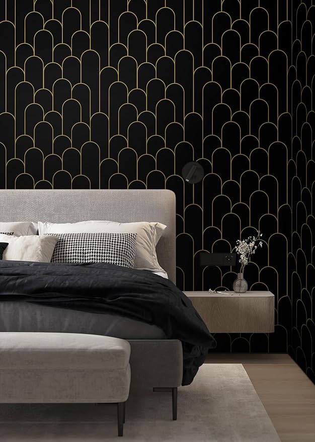 Yasinet Peel and Stick Wallpaper Black and Gold Wallpaper Modern Geometric Contact Paper for Bedroom Black Removable Self Adhesive Waterproof Wall Paper for Bathroom cabinets Vinyl 17.3”x393.7” - Image 5