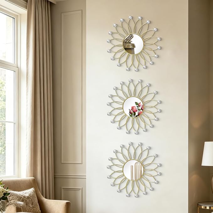 3 Pack Metal Mirrors for Wall Sunburst Wall Mirrors Home Décor Decorative Hanging Wall Art for Living Room Bedroom Entryway (Gold2 Crystal, Flowers) - Image 3