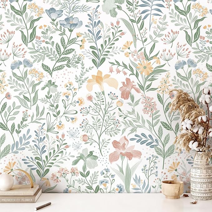 Fititem Floral Peel and Stick Wallpaper Boho Nature Wall Paper 17.3”×393” | Self Adhesive Floral Contact Paper Cabinet Flower Modern Wildflower Wallpaper Removable Waterproof Wallpaper Bathroom Bedroom by Fititem__FitYourHome
