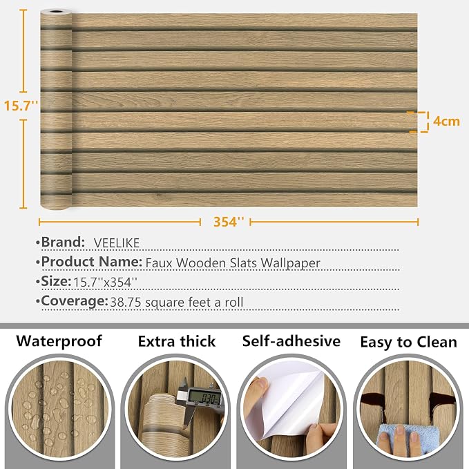VEELIKE Slat Wood Contact Paper Wood Wallpaper Peel and Stick for Walls Countertops Waterproof Self Adhesive Brown Wood Vinyl Wall Panel 15.7''x354'' Removable Wood Wall Paper for Bathroom Kitchen - Image 9