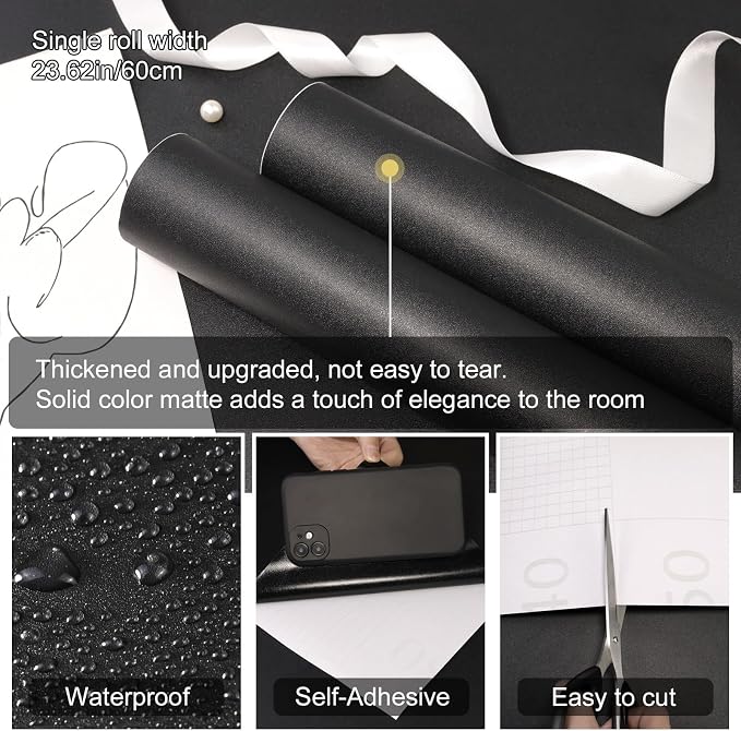 Black Peel and Stick Wallpaper Solid Black Contact Paper A Set of 23.6"x472" Matte Self Adhesive Waterproof Vinyl Roll for Wall Coverings,Cabinets,Countertops,Bedroom,Kitchen - Image 2