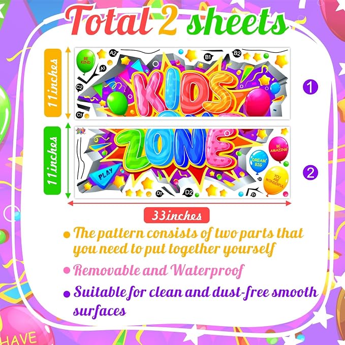 Kids Playroom Wall Decals Colorful Kids Zone Signs 3D Broken Wall Stickers | Multicolor inspirational quotes, kids room signs, peel and stick, removable vinyl art murals, for classroom nursery bedroom - Image 3