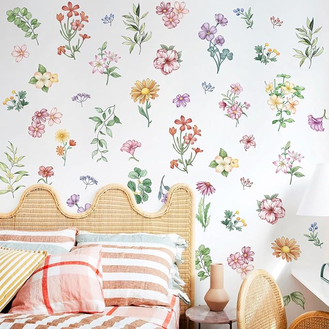 Wildflower Wall Decals - 9 Sheets 60 Pcs Boho Flower Botanical Plants Wall Stickers Peel and Stick Vinyl Stickers for Living Room Bedroom Sofa TV Backdrop Decor | Wall Decor for Bedroom Living Room Office TV Wall - Image 4