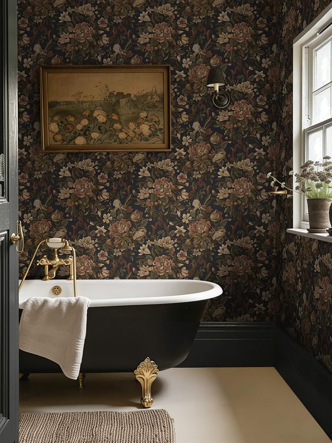 Dimoon Vintage Peel and Stick Wallpaper Dark Blue Floral Contact Paper 16.1"x591" Retro Victorian Dark Academia Wallpaper for Bedroom Moody Cottage Core Wall Paper Removable Waterproof Vinyl Roll - Image 6