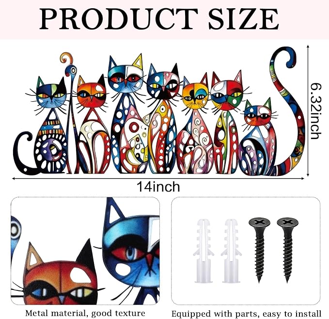 Wesiti Cat Wall Art Decor Metal Sculpture Colorful Retro, 15.75x7.02 Inch | Decor for Living Room Bedroom Kitchen, Whimsical Mid Century Metal Sculpture for Feline Lovers, Retro Design Style - Image 2