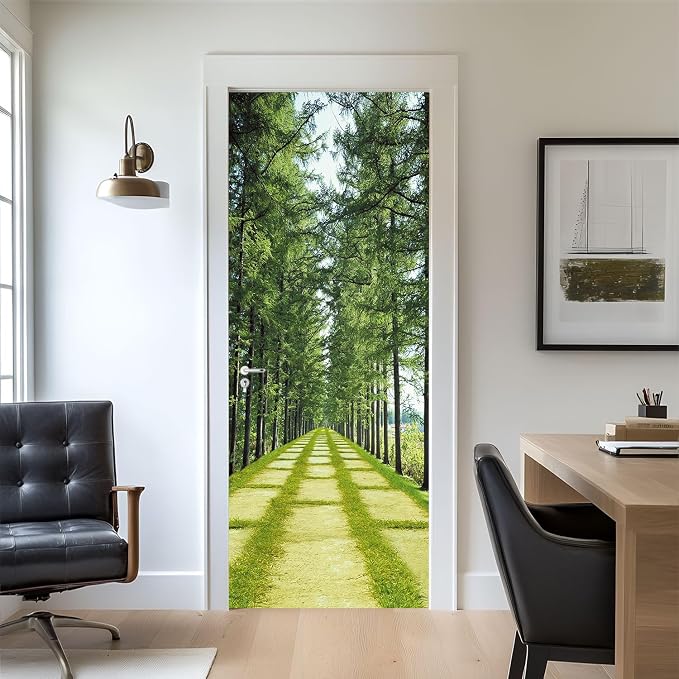 artfanke 3D Peel and Stick Door Sticker 33.5"x84.6"- Self-Adhesive Door Wallpaper Murals Decal-Green Forest Lawn Wall Poster for Home Decor (2 Sheets/Set) by artfanke