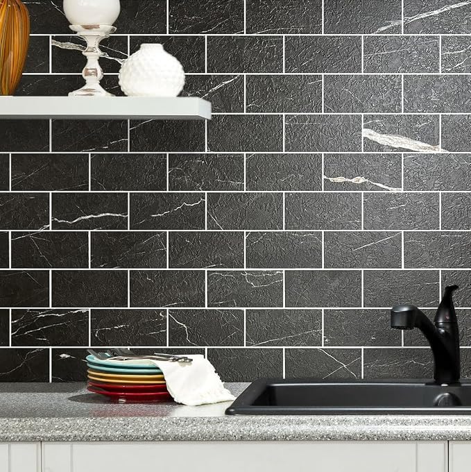 AULIGET 100 Piece Faux Stone Backsplash Peel and Stick PVC Tile, 3 Inch x 6 Inch Black Marble with White Grout Stick on Tiles for Backsplash Kitchen, Bathroom, Laundry Room, Camper, Fireplace - Image 4