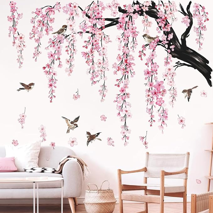 Cherry Blossom Tree Branch Wall Decals, Pink Flower with Birds Wall Sticker | 4 Sheets Wall Decoration Removable Peel and Stick Wallpaper Large Tree Floral Mural for Living Room Girls Bedroom Decor - Image 6