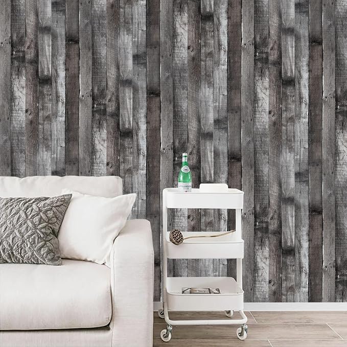 Peel and Stick Wood Wallpaper Grey/Black Vinyl 17.3"×1200" Contact Paper Self Adhesive Thick Waterproof Self Adhesive for Cabinets liveroom - Image 2