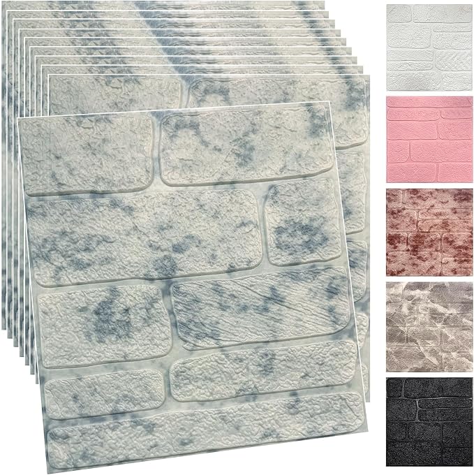 YU LI 3DH 3D Wall Panels Peel and Stick Faux Stone Wall Panel Blue 20-Pack Faux Brick Self-Adhesive Wallpaper 3D Foam Brick Wallpaper by YULI3DH