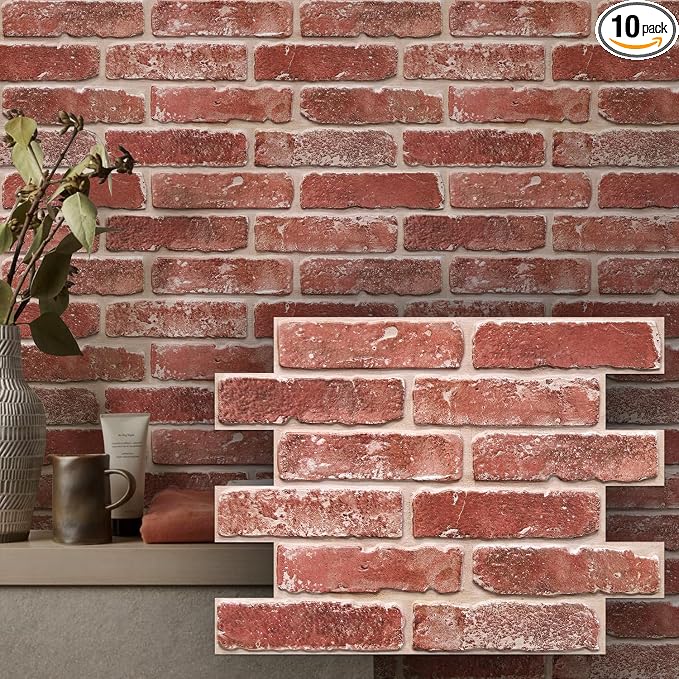 3D Faux Brick Wall Panels Peel and Stick, Designed for Quick DIY | Vintage Red, 10 Pcs 15.7" x 11.8", Brick-Look, Light PVC Fake Brick Wall Covering Tiles for Wall Renovation, Cover 12.9 sq ft by SMOOSTIKCDECOR