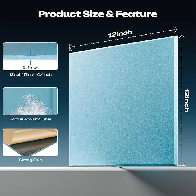 Sonicism 12 Pack Acoustic Wall Panels with Self-Adhesive, 12" X 12" X 0.4" Sound Proof Foam Panels, Decorative Soundproof Wall Panels, Sound Proof Absorbing Tiles for Home & Offices, Light Blue - Image 4