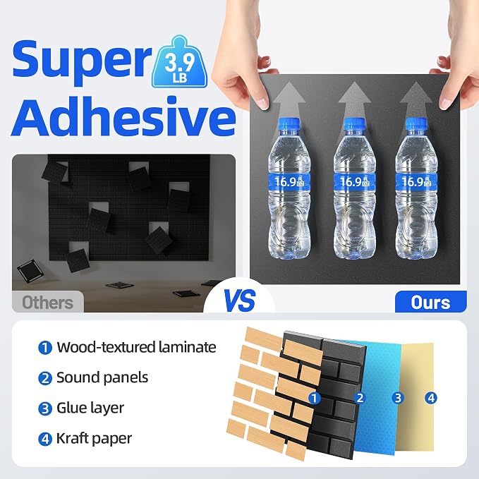 Self-Adhesive Acoustic Panels High Density Sound Proof Foam Panels for Wall | 16 Pack Brick Soundproof Wall Panels, 12" x 12" x 0.4" Sound Dampening Absorbing Panels for Home Studio Decor Office - Oak - Image 4