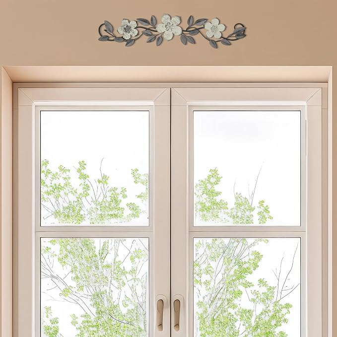 Wesiti Metal Flower Wall Decor Wrought Iron Scroll 15.7x3.7,White | Vintage Metal Flower decor,Farmhouse Leaf Art with Nails, Flat Not 3D Design, For Bedroom Kitchen Indoor Outdoor Wall Decor - Image 5