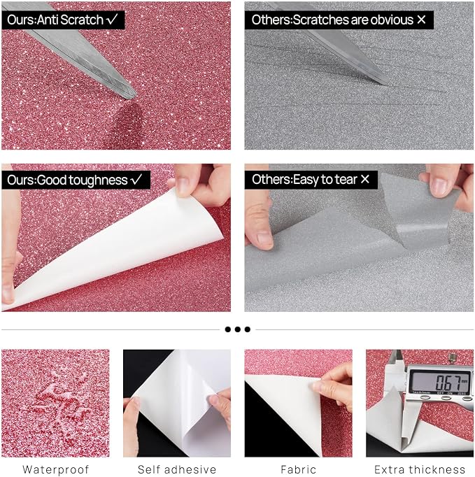 FunStick Hot Pink Glitter Wallpaper Border Stick and Peel Removable Wall Border Trim for Girls Bedroom Mirror Border for Bathroom Peel and Stick Wallpaper Borders Glitter Contact Paper Decor 3.9"x200" - Image 4