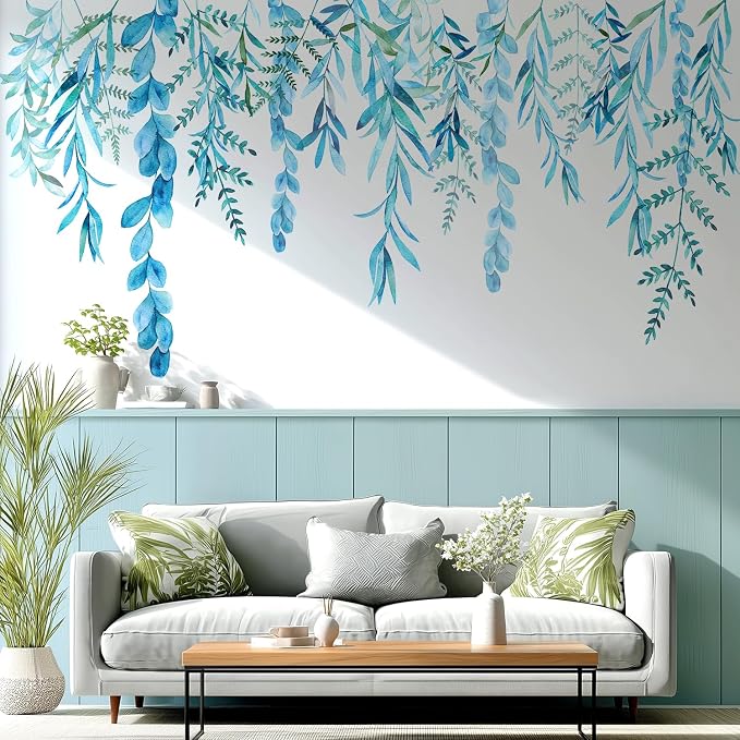 Blue Hanging String of Willow Wall Decals Peel and Stick, Large Plants Vinyl Wall Stickers, Removable Vine Home Decor Art for Bedroom Living Room Classroom Office - Image 8