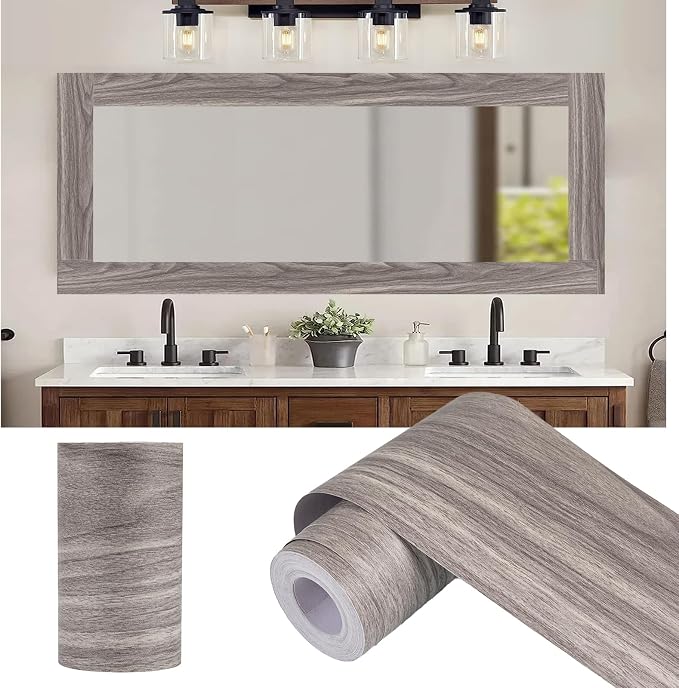Alened 10M Grey Mirror Border Peel and Stick, Wood Grain Wallpaper Border by Alened