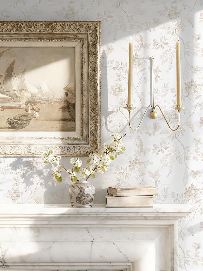 Dimoon 17.3''x78.7'' Vintage Peel and Stick Wallpaper Boho Beige Neutral Contact Paper White Floral Bird Wallpaper Removable Botanical Renter Friendly Modern Wall Paper Bedroom Bathroom Vinyl Roll - Image 2