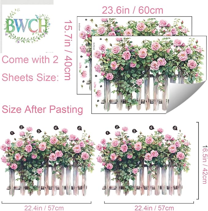 Romantic Rose Decals Floral Wall Decor, Rose Vine Fence Flowers Stickers Wall Art Murals, Flower Pattern Self-Adhesive Stickers for Girls Bedroom Living Room Nursery Decor - Image 2
