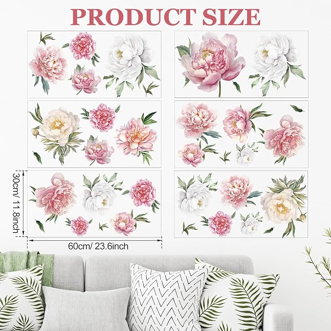 Zonon 6 Pcs Flower Wall Decals Peel and Stick Sticker, Colorful Peony | Vinyl Removable Wall Stickers & Murals, Watercolor Pink Peony Wall Decals, Colorful Floral Decor for Bedroom, Living Room - Image 4
