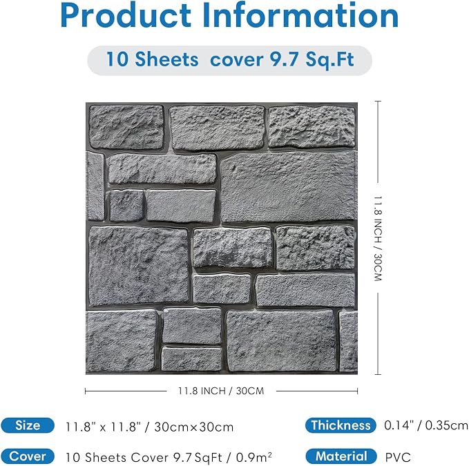 COMSTICKC 3D Faux Stone Wall Panels Peel and Stick, 10 Pcs 11.8" x 11.8" | Gray, Not Real Stone, Ultra-Light Thin PVC 3D Fake Rock Wall Sticker Covering for Easy DIY Interior Decor, Cover 9.7 sq ft - Image 5
