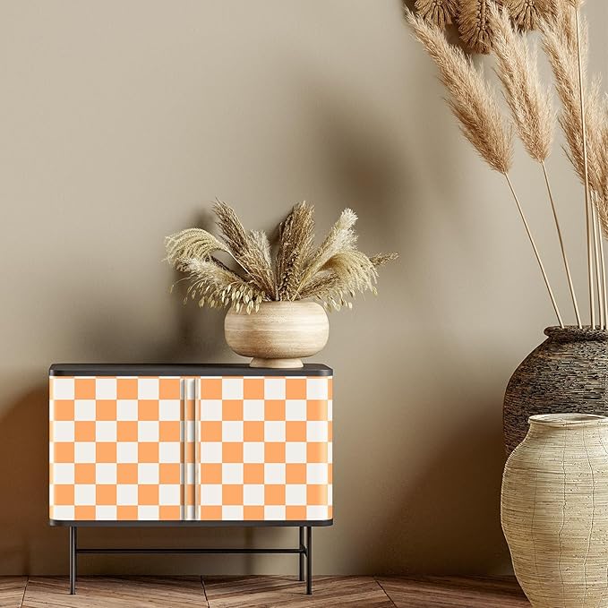 Drydiet Orange Checkered Peel and Stick Wallpaper 15.75'' x 118" | Plaid Funky Checkered Contact Paper, Waterproof Contact Wallpaper, Vintage Gingham Decor for Room Bathroom Cabinet, Trendy - Image 3