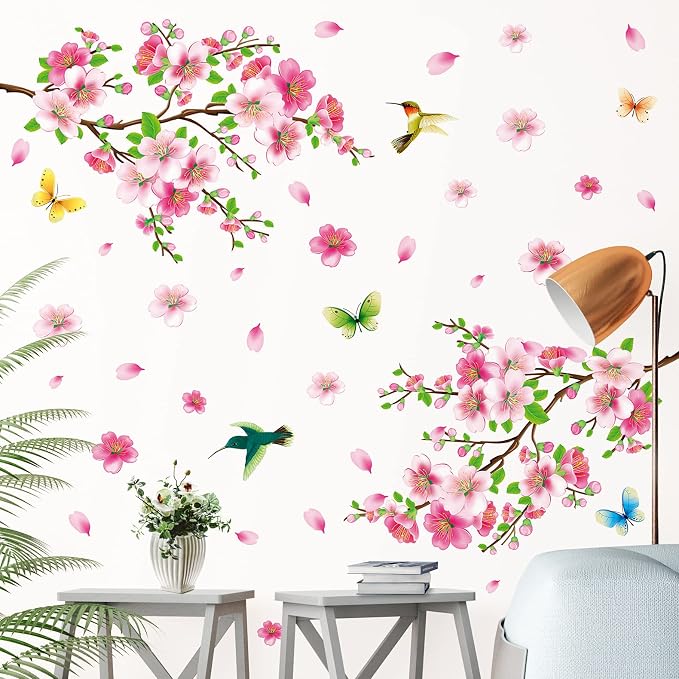 LiveGallery Pink Cherry Blossom Flower Birds Vinyl Art Wall Decal Brown 3D Peel and Stick DIY Tree Branch Wall Stickers Decor for Girls Teens Baby Bedroom Nursery Living Room Home Decoration by LiveGallery