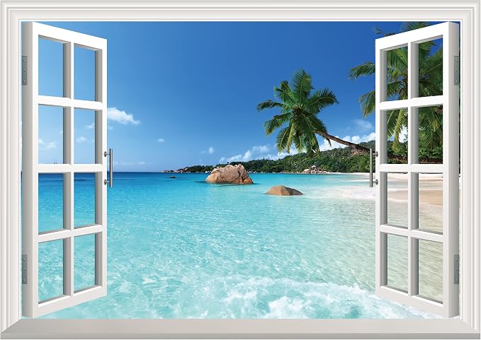 FLFK Fake Window Wall Sticker - Summer Beach Faux Window Wall Mural for Wall Decor, Stick and Peel Wall Decals,80"x60",Set of 5 Sheets by FLFK