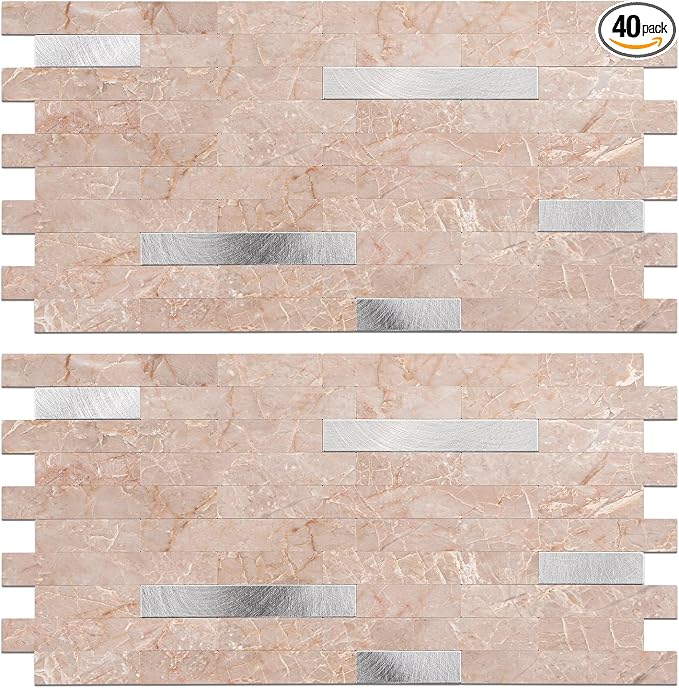 Peel and Stick Backsplash Tile Waterproof Removable PVC Wall Sticker 3D Faux Stone Marble Brick White Accent Panels (Pink Marble - Metal Silver, 40 Tiles - 18 sq. ft. (1.68 m²)) by KOYNSLE
