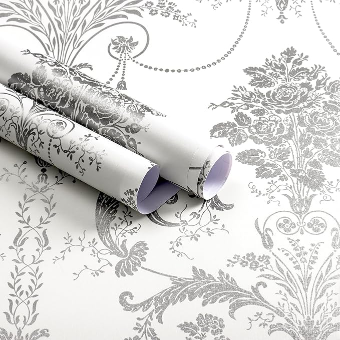 Silver Gray Removable Wallpaper Damascus Floral Peel and Stick Wallpaper | 17.3" X 118" Boho Grey Flower Contact Paper Self Adhesive Wallpaper Damask Floral Decorative Wallpaper for Bedroom Covering by EchoSphere