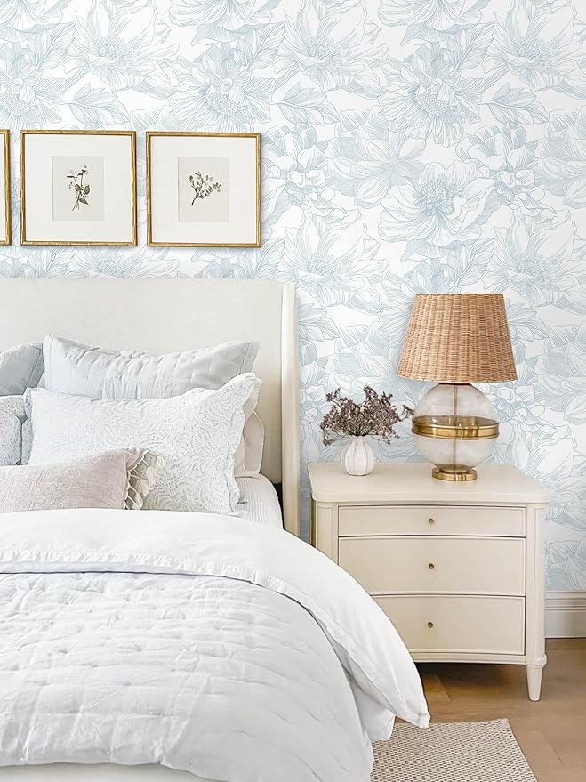 Ismoon Large Floral Peel and Stick Wallpaper Boho White and Blue Contact Paper 17.3inx32.7ft Modern Wall Paper Removable Self Adhesive Vinyl Wallpaper for Bedroom Cabinet Waterproof Mural Wall Decor - Image 2