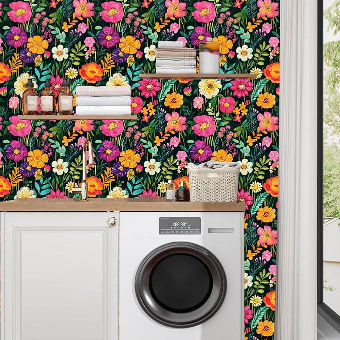 BOKEBEVE Floral Wallpaper Peel and Stick Boho Green Colorful 17.5 x 787In | Super Long Removable Renter Friendly Funky Watercolor Wall Paper for Bedroom Bathroom Living Room Feature Accent Walls - Image 6