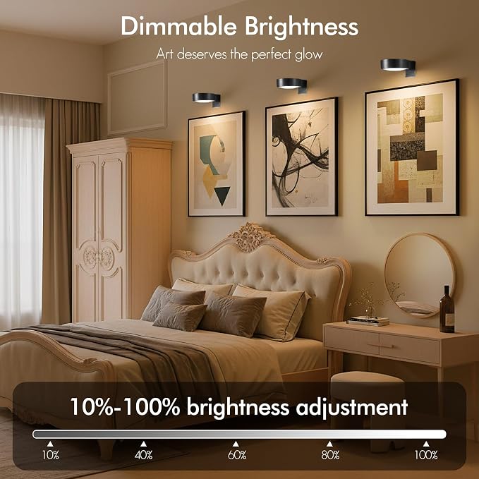 Picture Lights for Wall, Rechargeable Battery Wireless Poster Lights, Black | LED Magnetic Painting Light with Remote Dimmable, Timer＆3 Lighting Modes, Art Display Puck Light for Frame Portrait, 3 Pack - Image 3