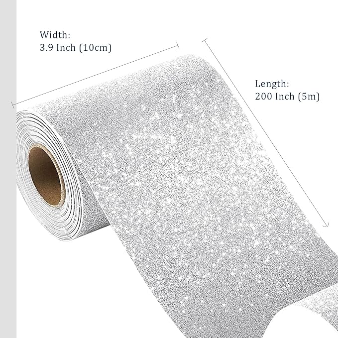 FunStick Glitter Wallpaper Border Peel and Stick Glitters Wall Border Self Adhesive Fabric Silver Wallpaper Borders Removable Silver Glitter Contact Paper Decor for Room Walls Bulletin Board 3.9"x200" - Image 4