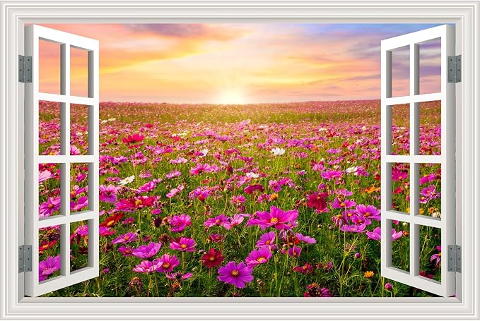 Fake Window Wall Sticker- Sunrise Pink Flower Garden Open Wall Art Decal | Faux Window Natural Scenery Landscape Mural｜ Stick and Peel Wall Decals｜for Room Bedroom Office Decor｜48"x32",Set of 2 Sheets by Clickhere