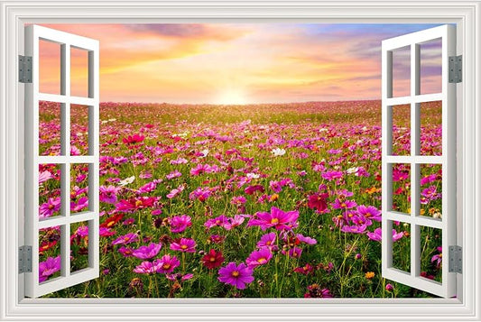 Fake Window Wall Sticker- Sunrise Pink Flower Garden Open Wall Art Decal | Faux Window Natural Scenery Landscape Mural｜ Stick and Peel Wall Decals｜for Room Bedroom Office Decor｜48"x32",Set of 2 Sheets by Clickhere