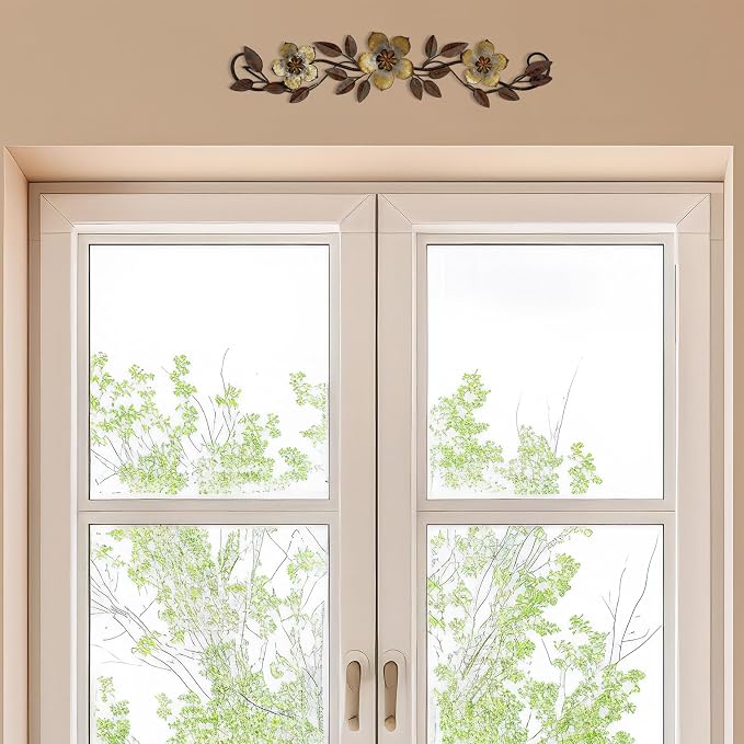 Wesiti Metal Flower Wall Decor Wrought Iron Scroll 15.7x3.7,Gold | Vintage Metal Flower decor,Farmhouse Leaf Art with Nails, Flat Not 3D Design, For Bedroom Kitchen Indoor Outdoor Wall Decor - Image 6