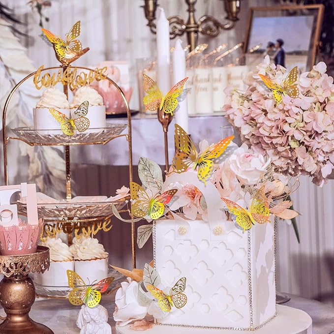 SAOROPEB 3D Butterfly Wall Decor 48 Pcs Laser Gold Butterfly Decorations | 4 Styles 3 Sizes, Birthday Decorations Butterfly Party Decorations&Butterfly Cake Decorations-Removable Gold Butterfly - Image 6