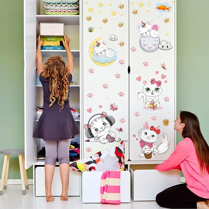 Glow in The Dark Stars for Girl's Room, Glowing Cats Cartoon Wall/Ceiling Decals, Kitten Butterflies Stickers for Kids Bedroom, Luminous Wall Decor for Nursery (Blue) - Image 6
