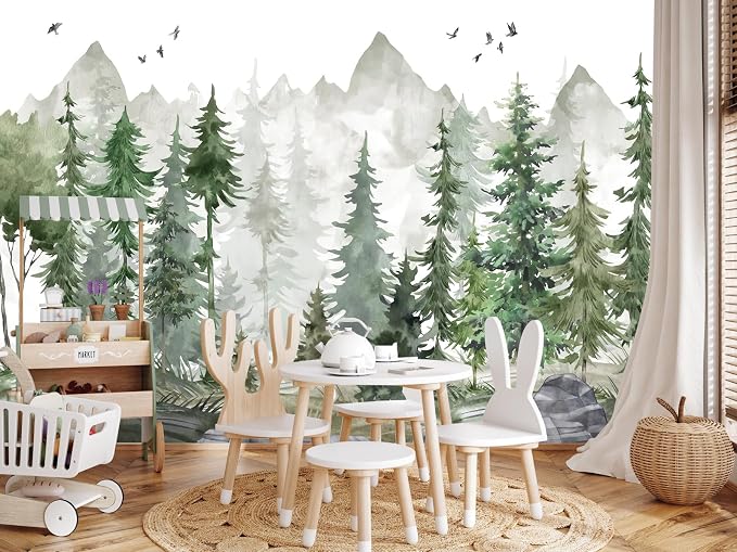 Nursery Forest Peel and Stick Wallpaper Green Landscape Wall Mural | 173"x108", Self Adhesive Canvas, for Bedroom Living Room Bathroom, Seamless, No overlapping by LOOWAP