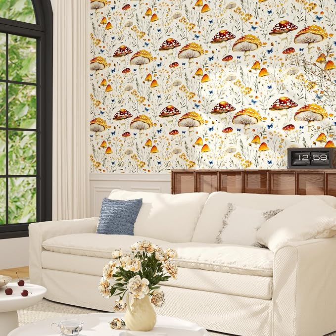 BOKEBEVE Mushoroom Wallpaper Peel and Stick Boho Beige Yellow 17.5 x 118In | Removable Self Adhesive Renter Friendly Vintage Floral Wall Paper for Bedroom Bathroom Cabinet Drawer Feature Accent Wall - Image 3