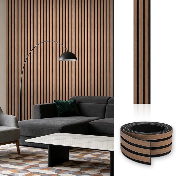 Peel and Stick Slat Wall Panels, 4" x 96" Self-Adhesive Walnut Faux Wood Accent Paneling, Removable 3D PVC Soundproof Wall Covering for Bedroom, Living Room, TV Background & Home Décor by WalDecoo