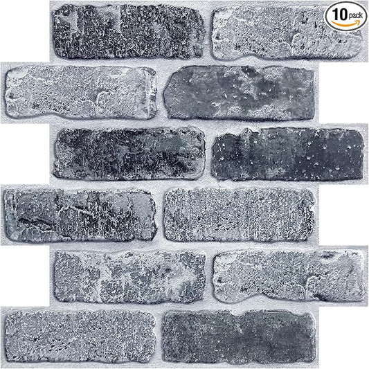 3D Peel and Stick Faux Brick Wall Panels 11.8" x 11.8" 10-Pack | Gray, Small Brick-Look Textured Sticker, Thin Lightweight PVC Self Adhesive Wall Tiles for Interior Decor, Cover 9.7 sq ft by SMOOSTIKCDECOR