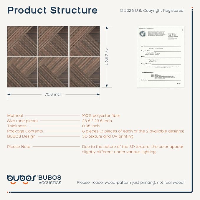 BUBOS 6 Pack Wood Wall Panel,23.6"x23.6" Peel and Stick Faux Acousitc Panel | Luxury Walnut Woodgrain Textured Panel for Wall & Home Decor - Self Adhesive Sound Absorbing for Studio,Office, Living Room - Image 3