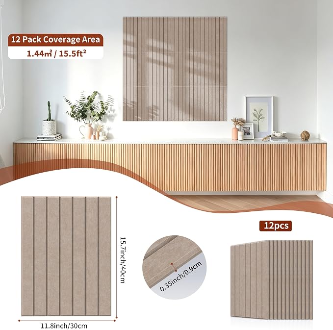 TO-TH Sound Proof Panels Self-Adhesive Sound Deadening Panel 12 Pack, Camel | Peel and Stick, High Density Polyester Fiber, Absorb Sounds, 11.8"×15.7"×0.35", Interior Wall Decor for Studio, Garage, Home - Image 3