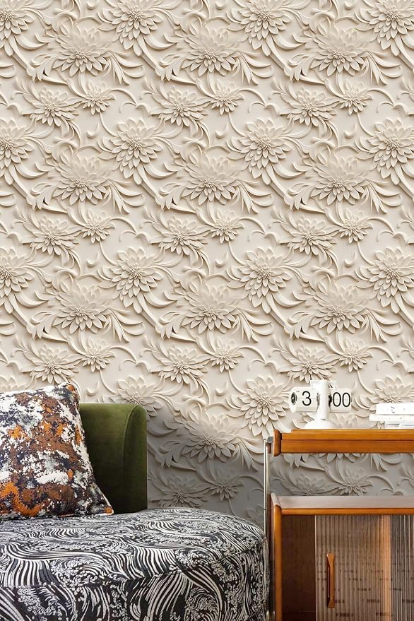 Peel and Stick Wallpaper Light Brown Scroll Floral Feature - Image 2
